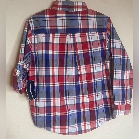 Gymboree Toddler Boys Red Blue Plaid Button Up Shirt 4T Baseball patch - Picture 6 of 6